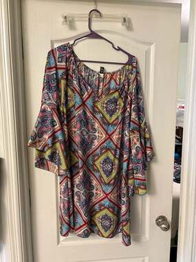 R. Rouge Paisley Geo Print Bell Sleeve Tunic Dress